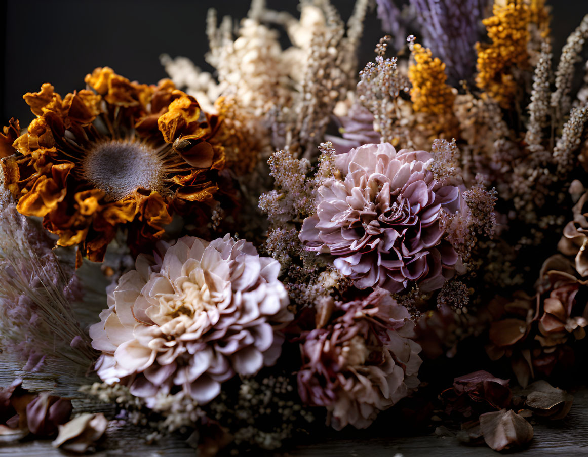 Detailed Close-Up of Faded Bouquet on Dark Background