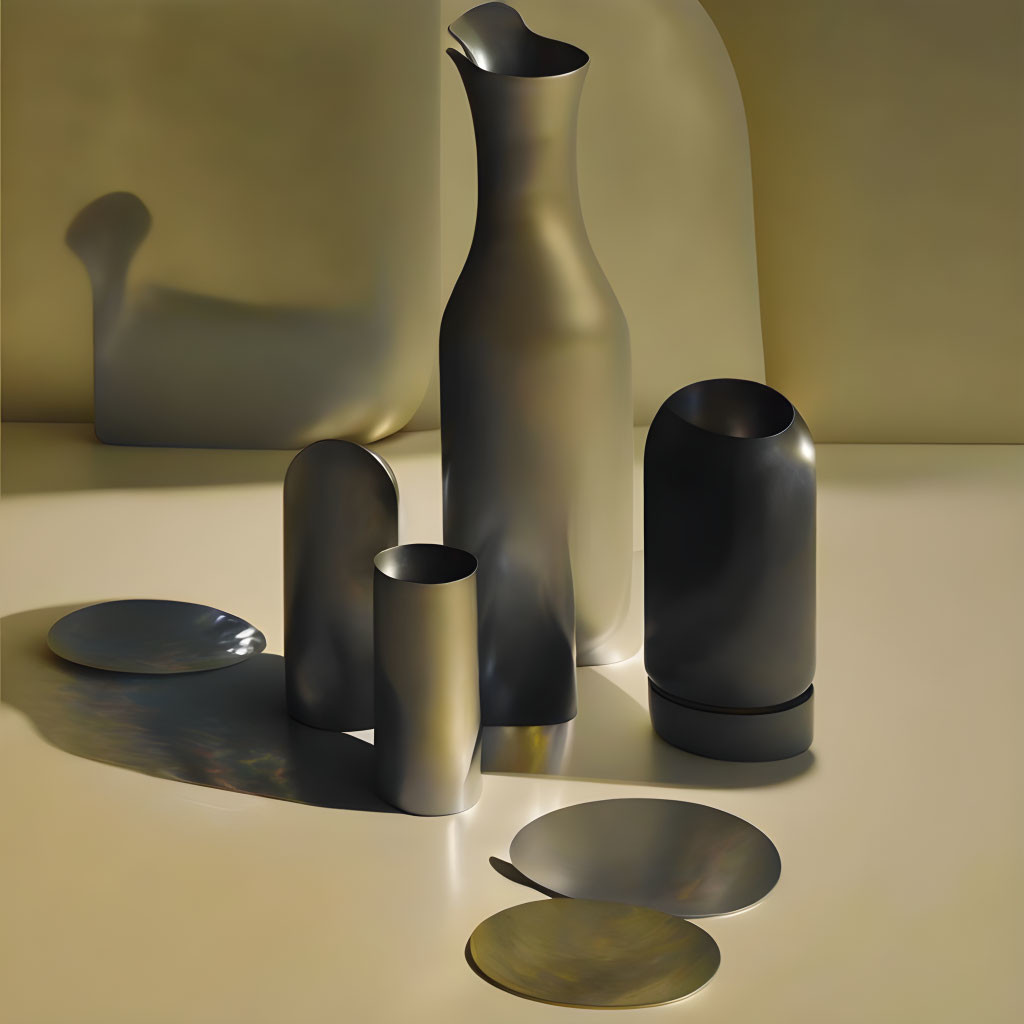 Sleek Matte Black Vases and Circular Objects on Beige Surface