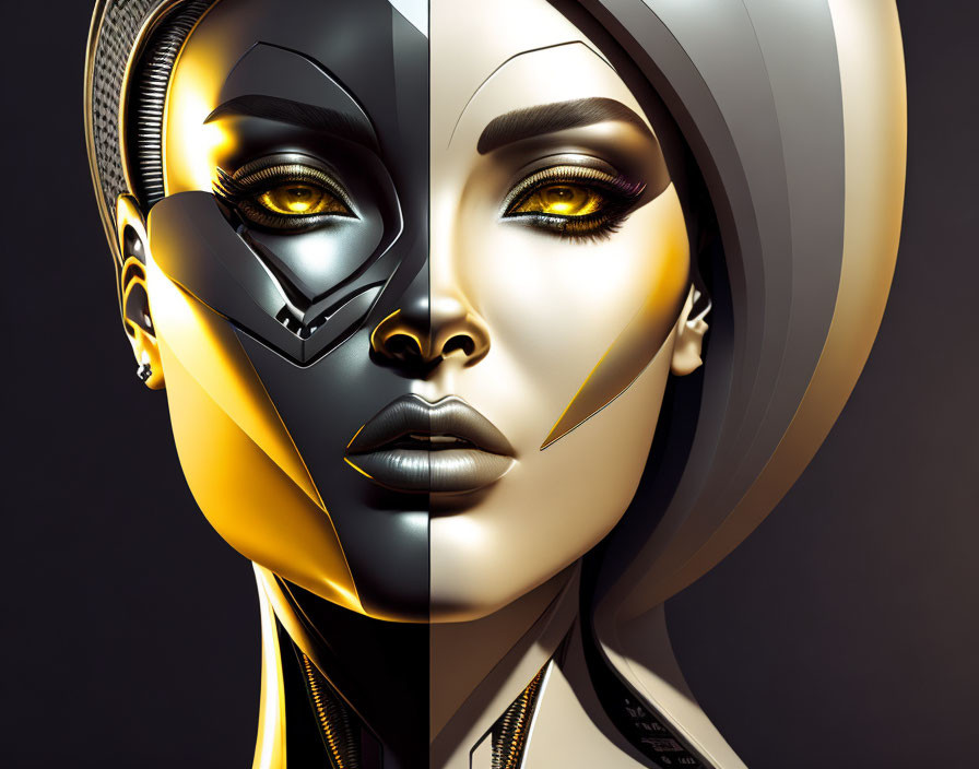 Digital Art: Human-like and Robot Faces Merge with Gold and Black Designs