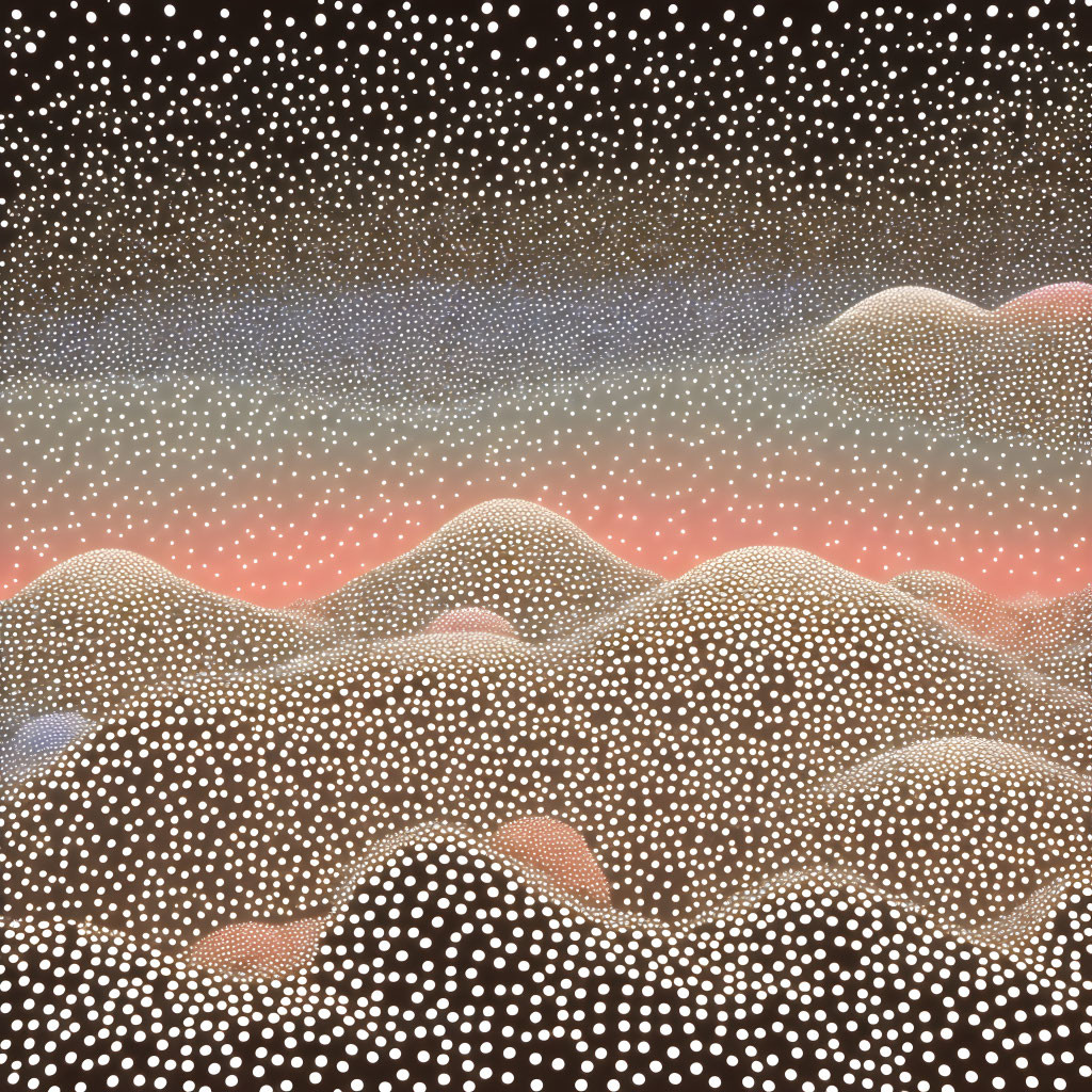 Stylized landscape with dotted patterns and rolling hills under a gradient sky