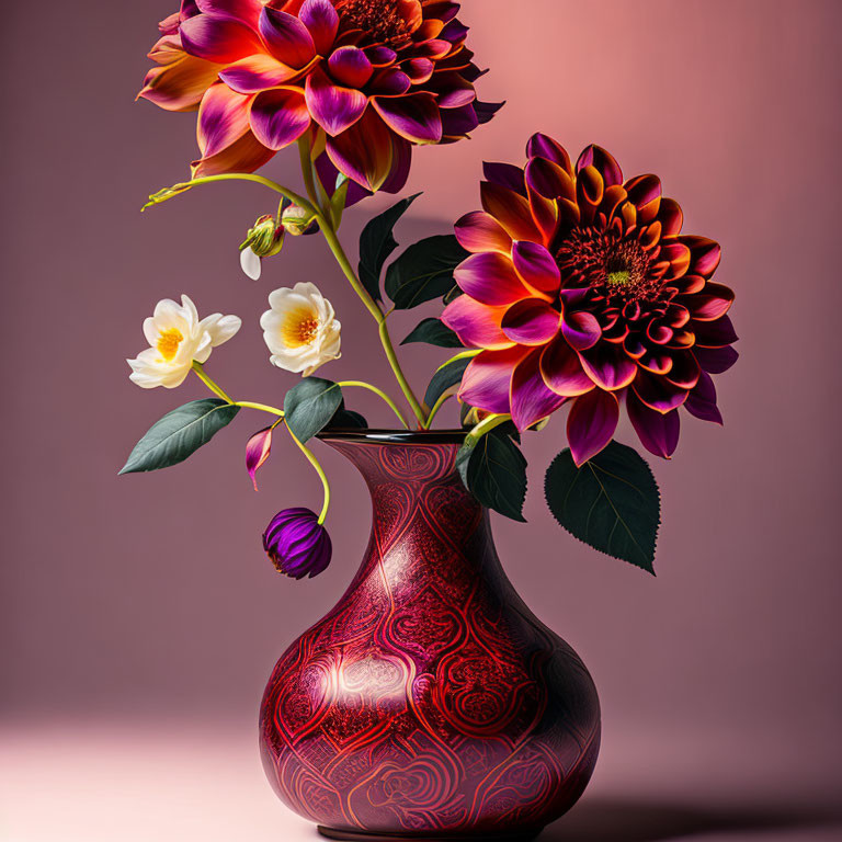 Colorful Dahlia Bouquet in Red Vase on Pink Background