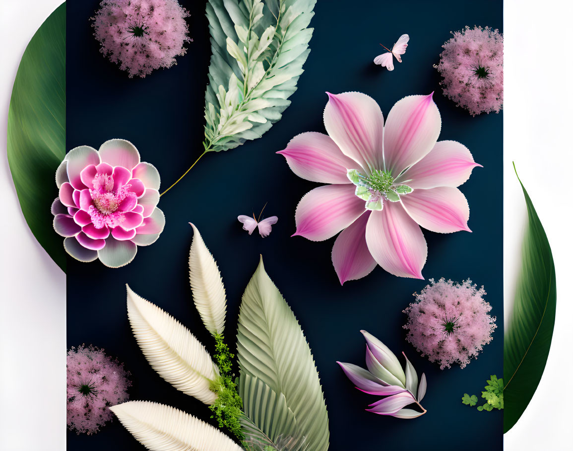 Pink Flowers, Green Leaves, and Butterflies on Dark Background