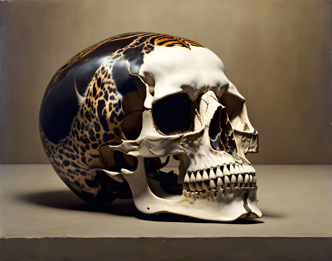 Oversized artistically painted skull with jaguar fur design on neutral background