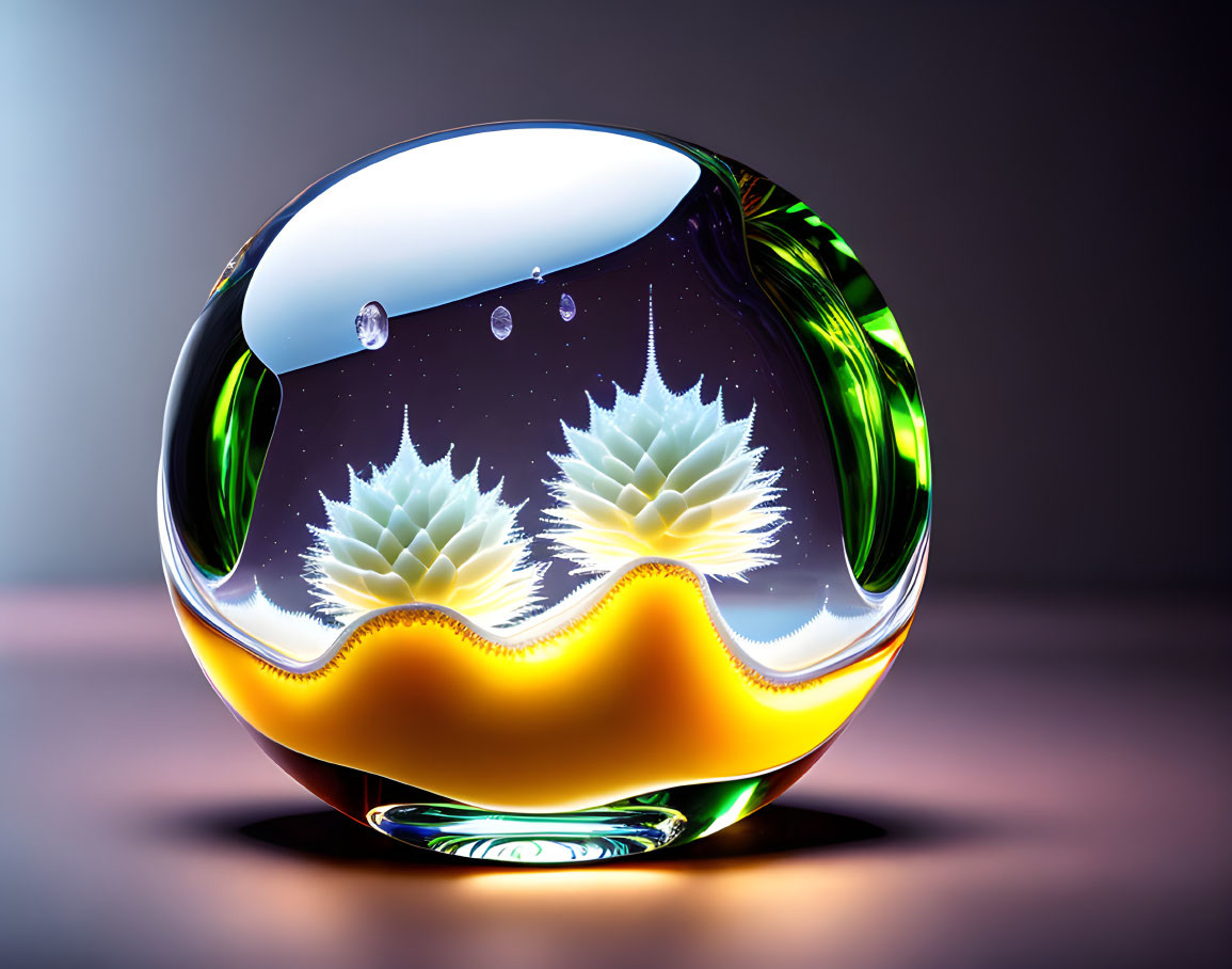 Glass Paperweight with Bubble Design and Lotus Flowers on Yellow-Orange Base