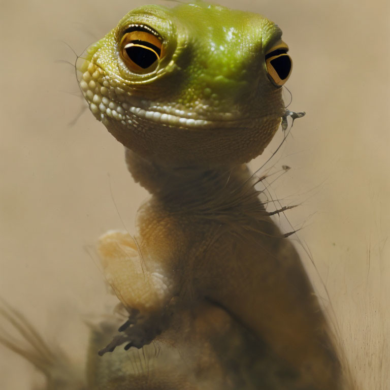 Green lizard with bright yellow eyes against sandy background