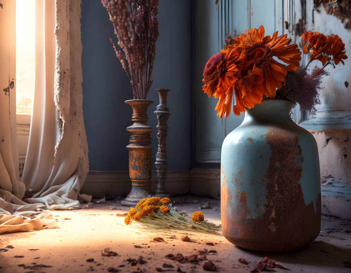 Orange flowers in blue vase by window with sheer curtains, serene ambiance