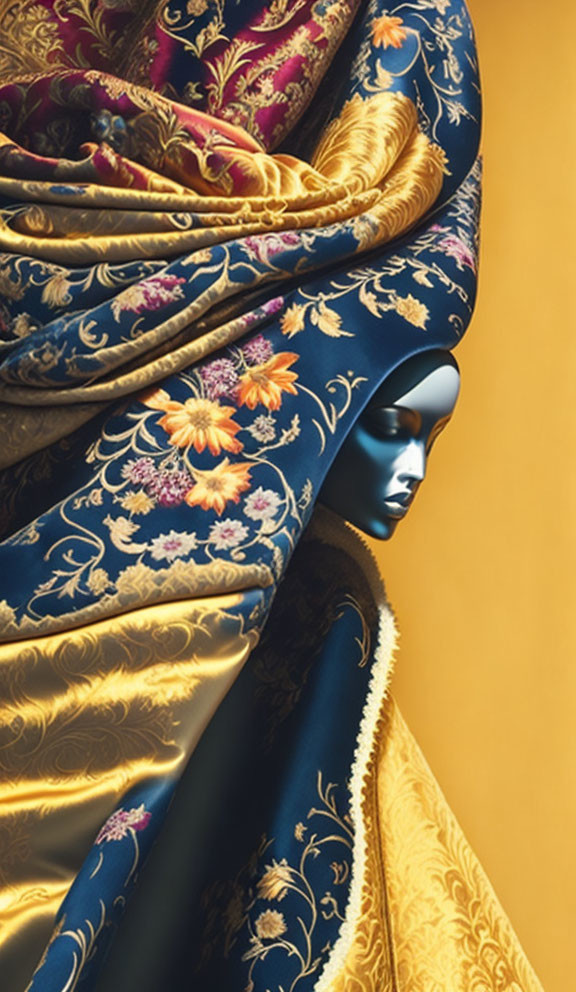 Luxurious Royal Blue and Gold Patterned Fabric Draped Mannequin