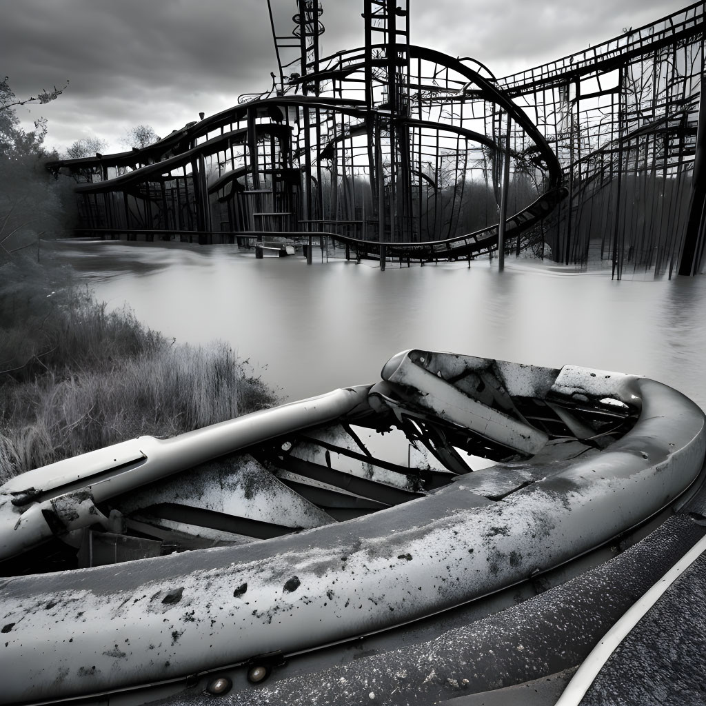 Derelict amusement park with decaying roller coaster and lake under cloudy sky