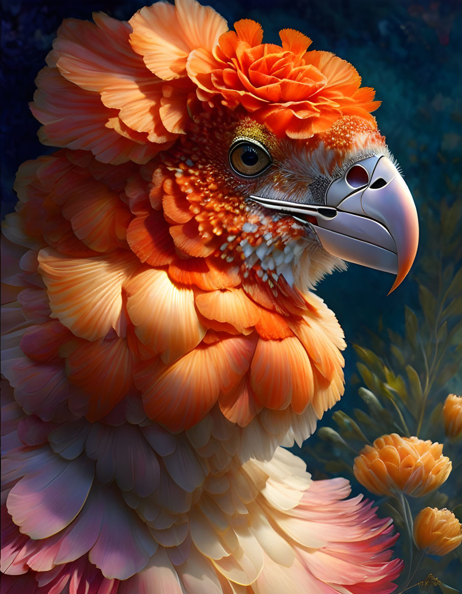 Vibrant digital artwork: Fantastical bird with orange plumage on dark floral background