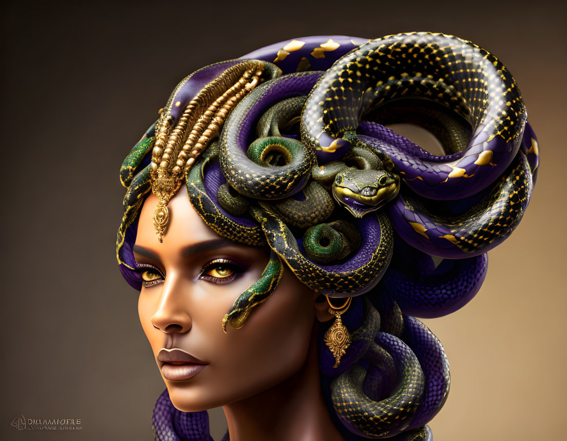 Detailed illustration of woman with serene expression, vividly colored snake entwined in her hair