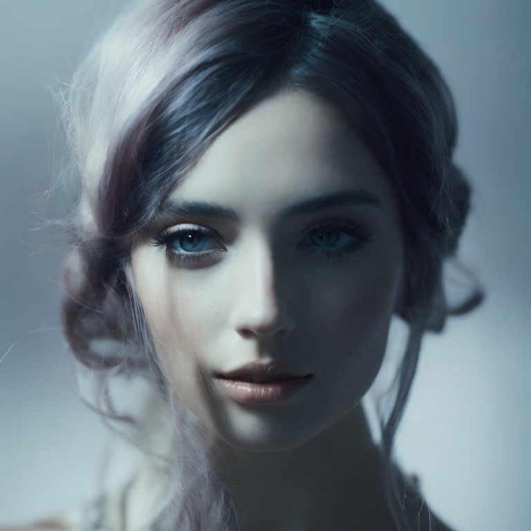 Portrait of Woman with Dark Hair and Striking Blue Eyes in Soft Lighting