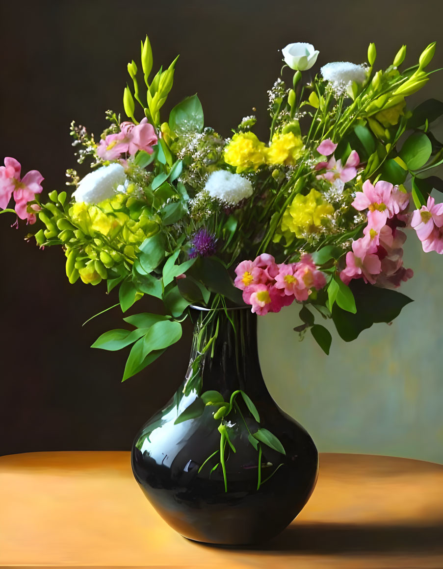 Assorted Flowers Bouquet in Black Vase on Wooden Surface