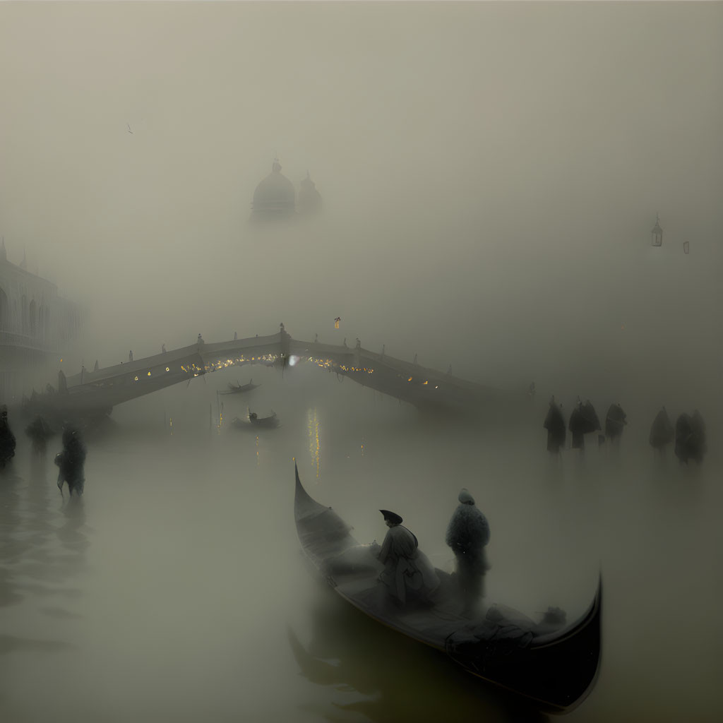Foggy canal with gondola, silhouettes, and ornate buildings