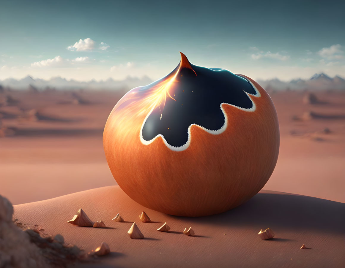 Surreal peach-like object with melting chocolate on sandy desert with pyramids in hazy sky