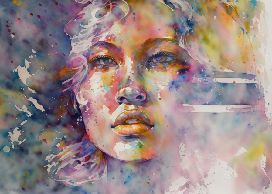 Vibrant watercolor painting of a woman's face with abstract splashes