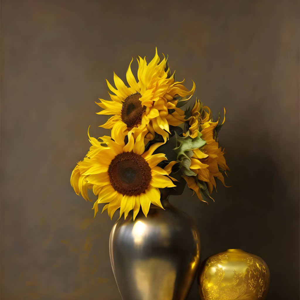 Sunflowers bouquet in metallic vase on muted background