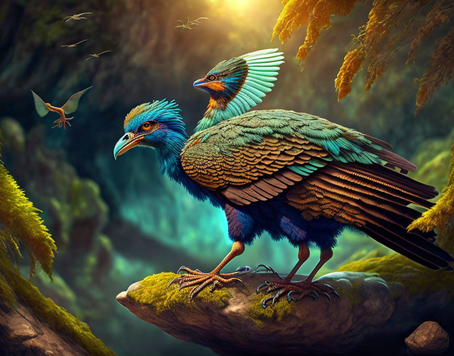 Colorful imaginary birds on branch in mystical forest setting