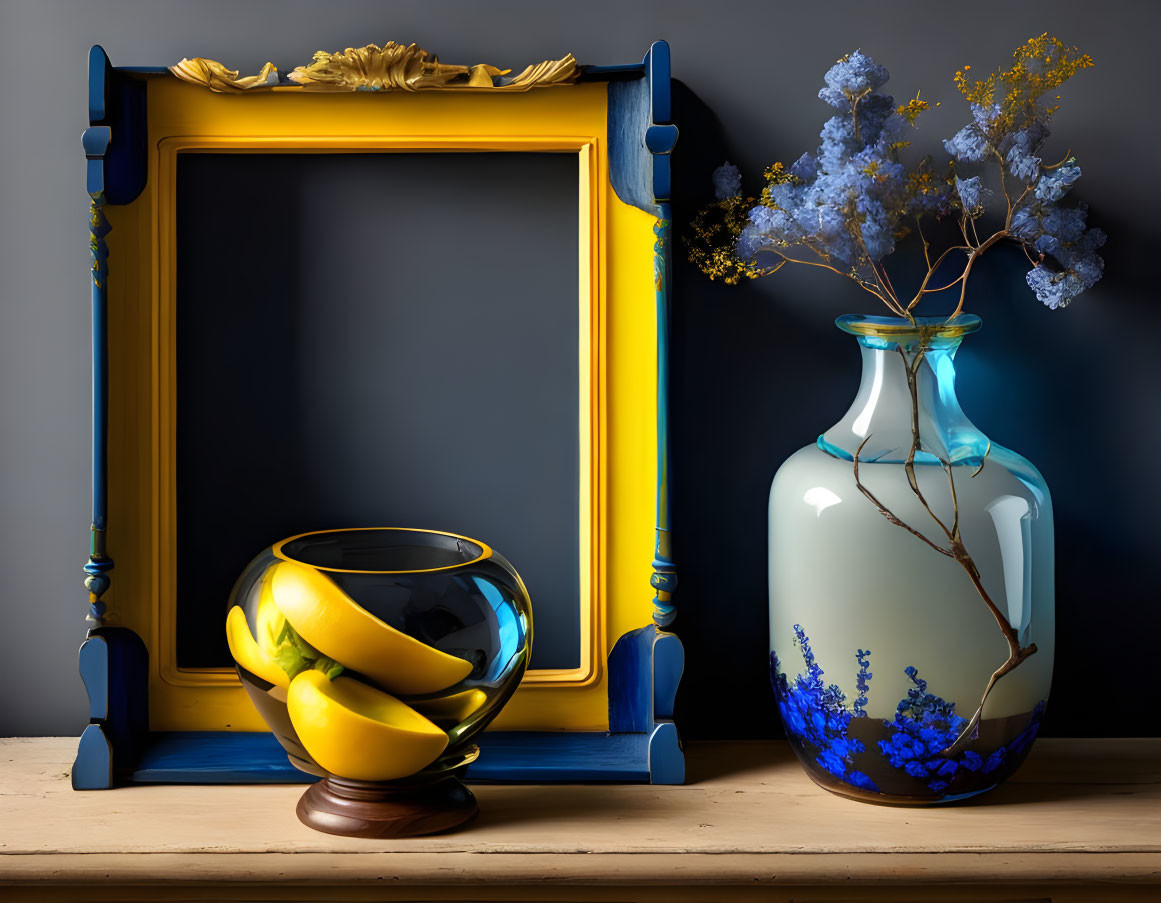 Blue vase, flowers, lemons, and frame on wooden surface in still life composition