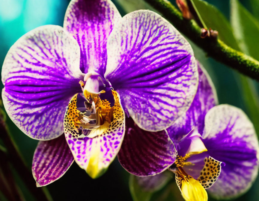 Vibrant purple and yellow patterned orchid flowers in close-up view