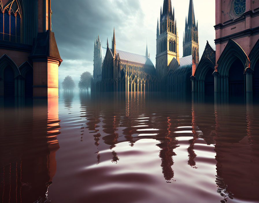 Gothic cathedral submerged in water at surreal sunset