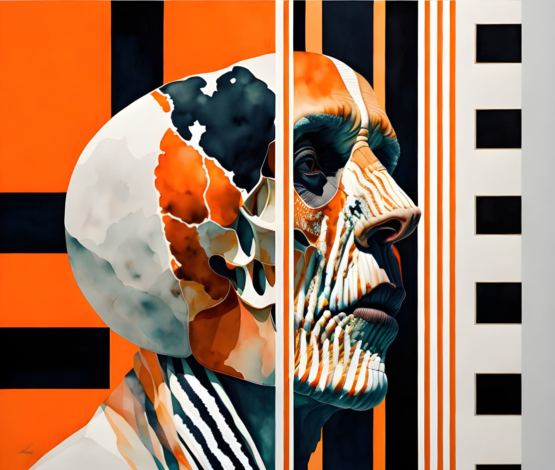 Abstract Human Skull Profile with Orange, Black, & White Geometric Patterns