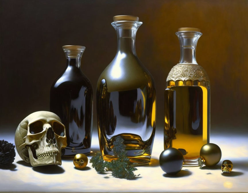 Still-life painting featuring human skull, vases, pine cone, and spheres on table