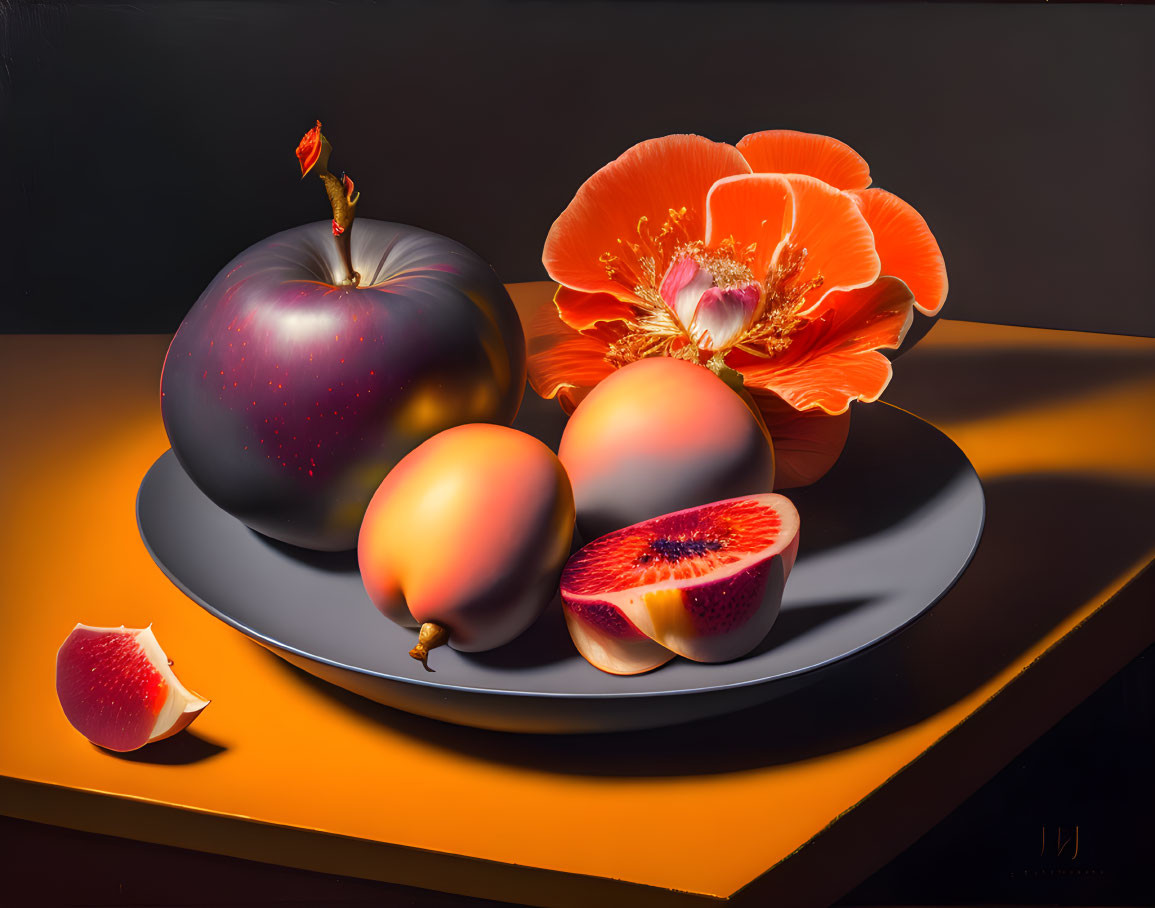 Vibrant still life painting with plum, figs, and orange flower on plate