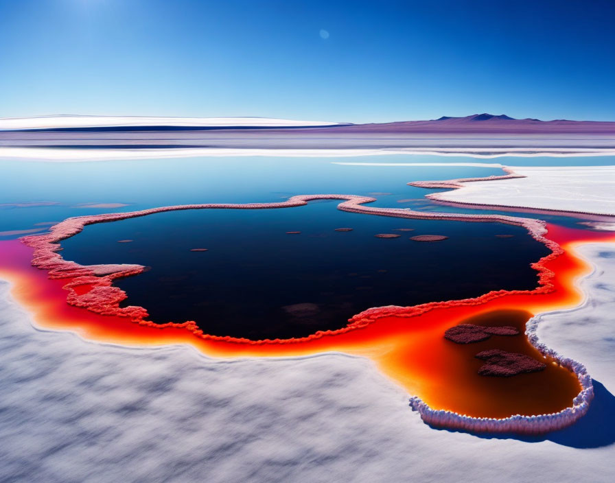 Colorful Salt Flat with Red Pool and Blue Sky