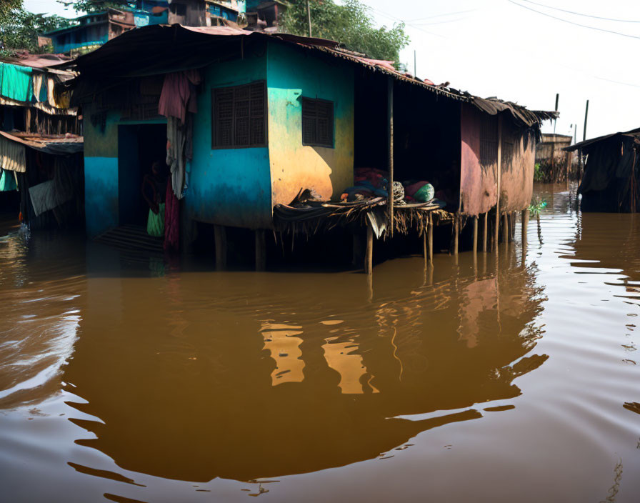 Stilt houses with vibrant blue walls in flooded community