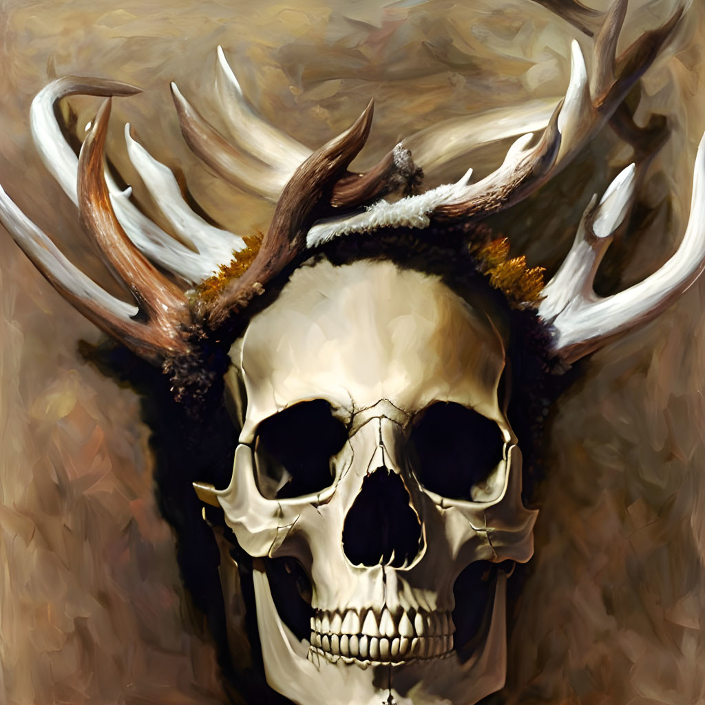 Detailed Human Skull Illustration with Mossy Antlers on Abstract Background