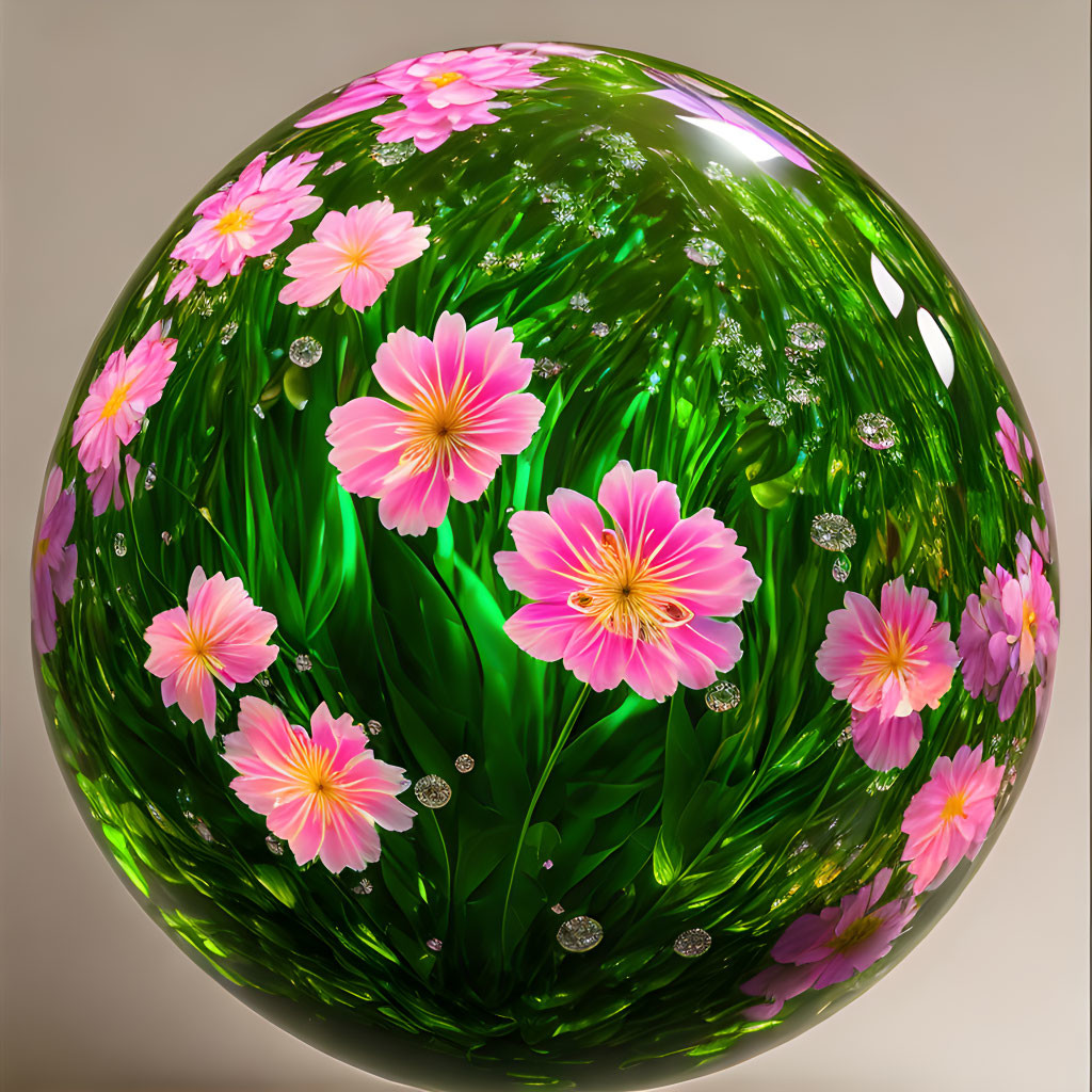 Reflective Glossy Sphere with Vibrant Pink Flowers and Green Foliage