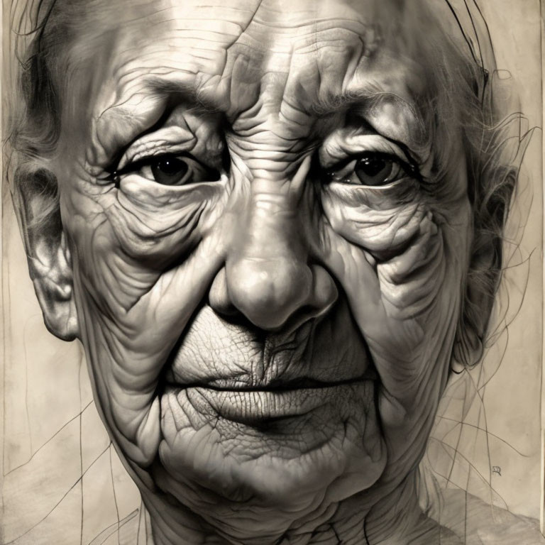 Detailed Close-Up of Elderly Woman's Wrinkled Face