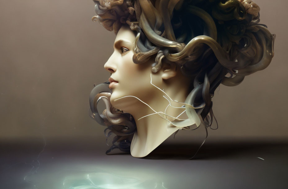 Monochromatic digital artwork: woman's profile with ornate flowing hair.