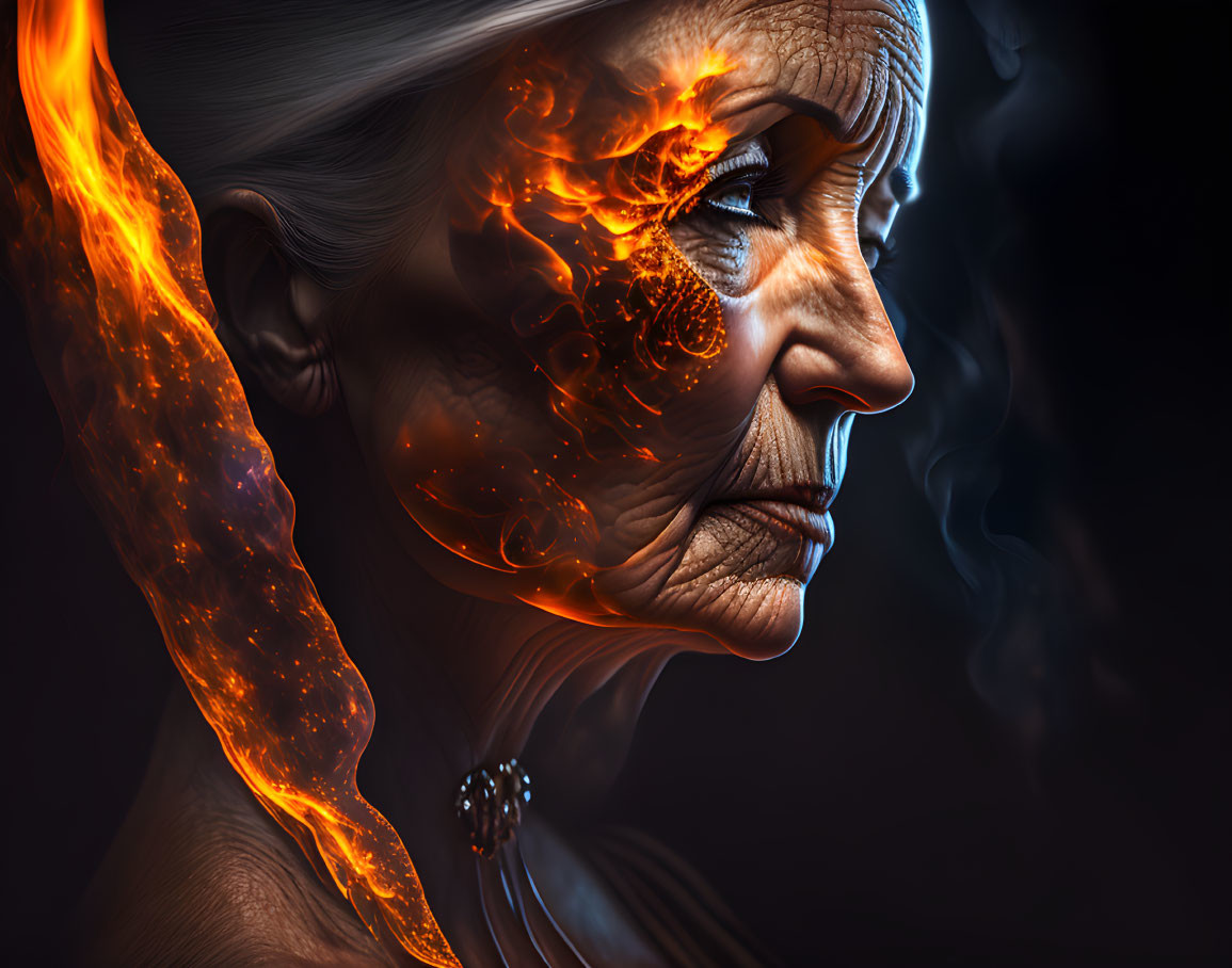 Elderly woman profile digital art with fiery, intricate fusion