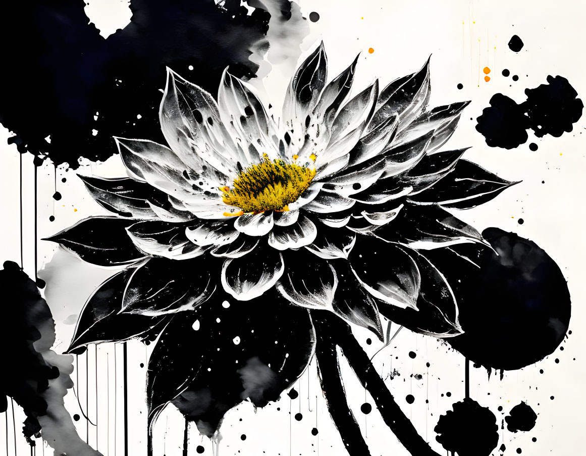 Monochrome flower art with black ink splashes and yellow center on white background