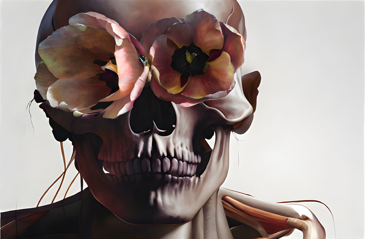 Human skull with vibrant flower eye sockets and pensive skeletal figure in background