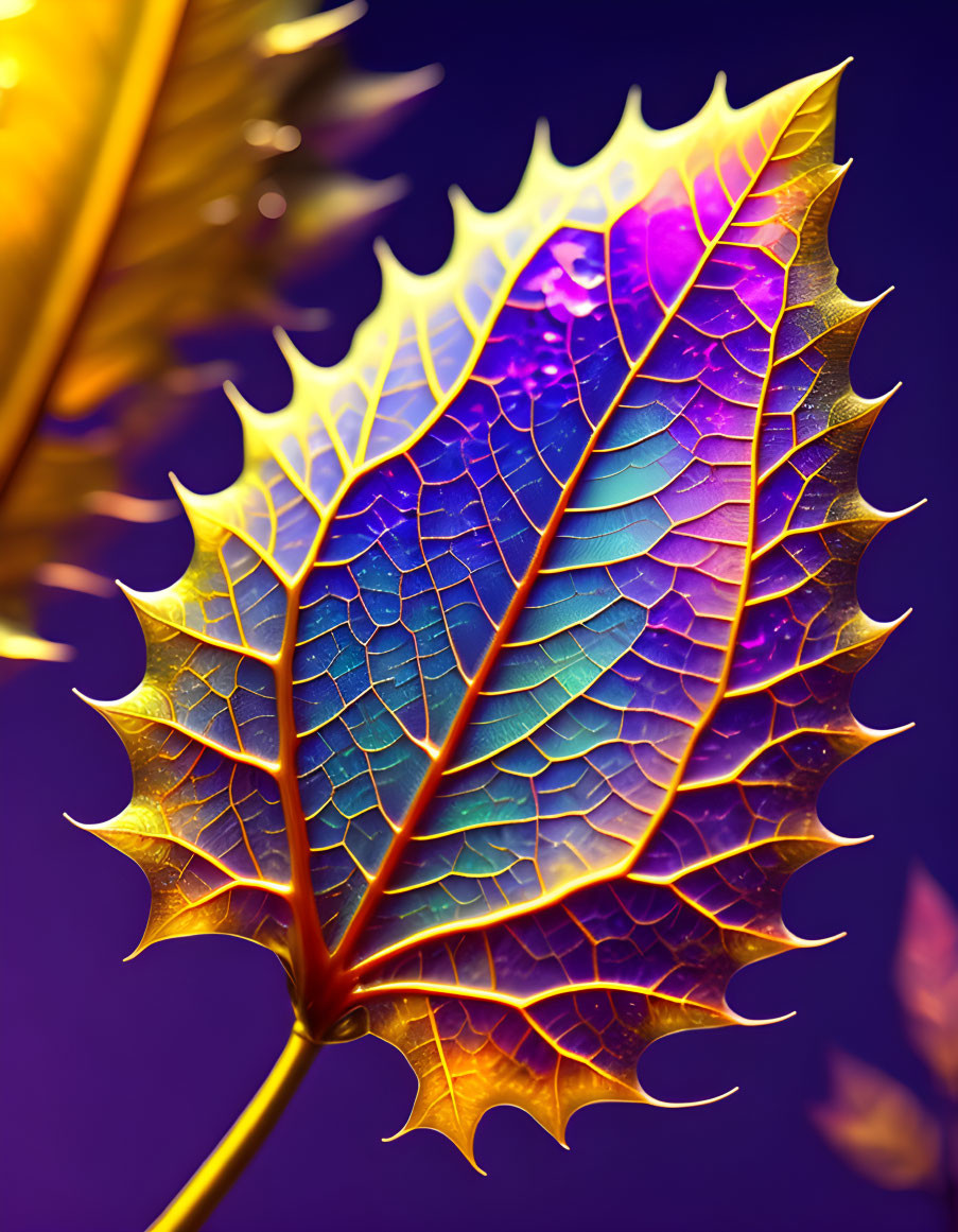 Colorful iridescent leaf on purple background with intricate vein patterns