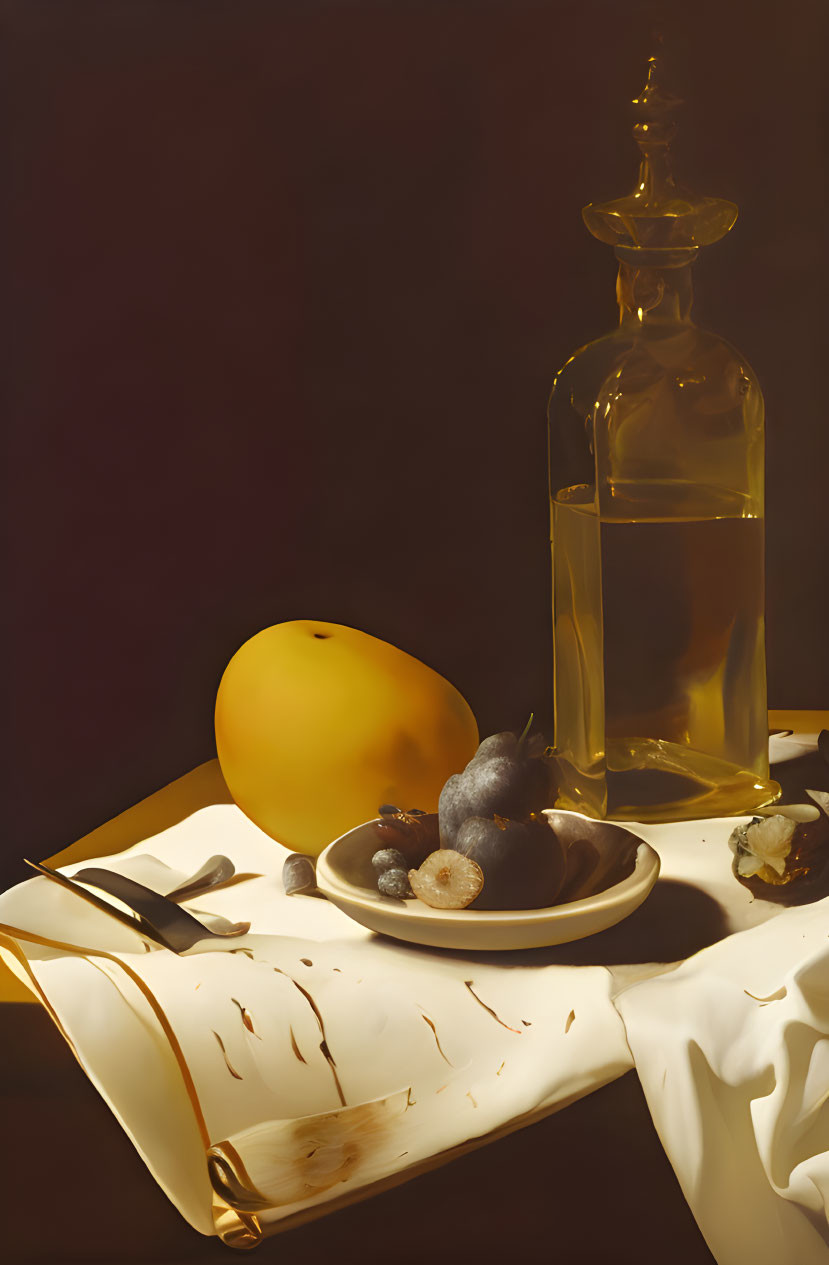 Glass bottle, draped cloth, grapes, lemon on dark background