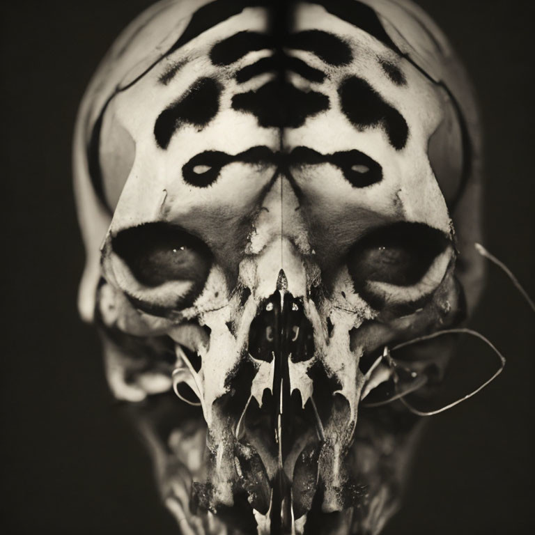 Monochrome photograph: Human skull with tiger face paint