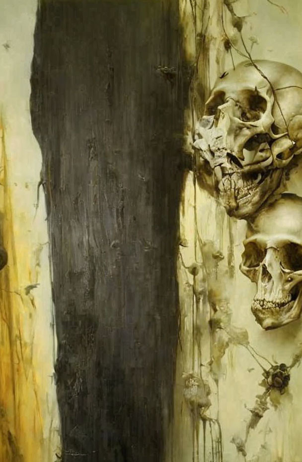 Two fused human skulls on dark vertical object with drips on yellowed background