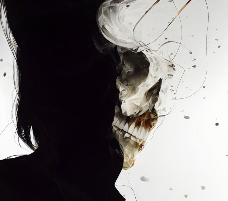 Silhouette of a person with skull overlay and abstract swirls and splatters