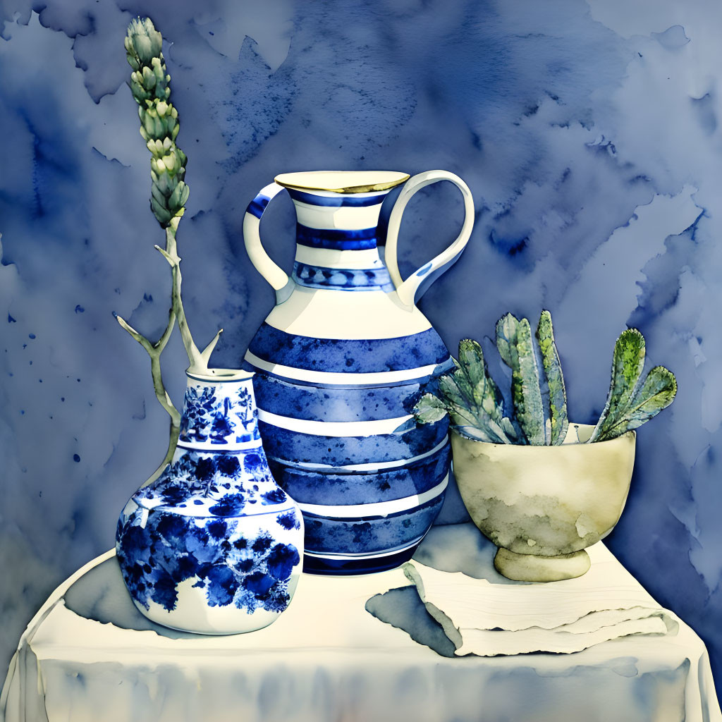 Striped blue and white jug, patterned vase, bowl with green plants on draped table against blue