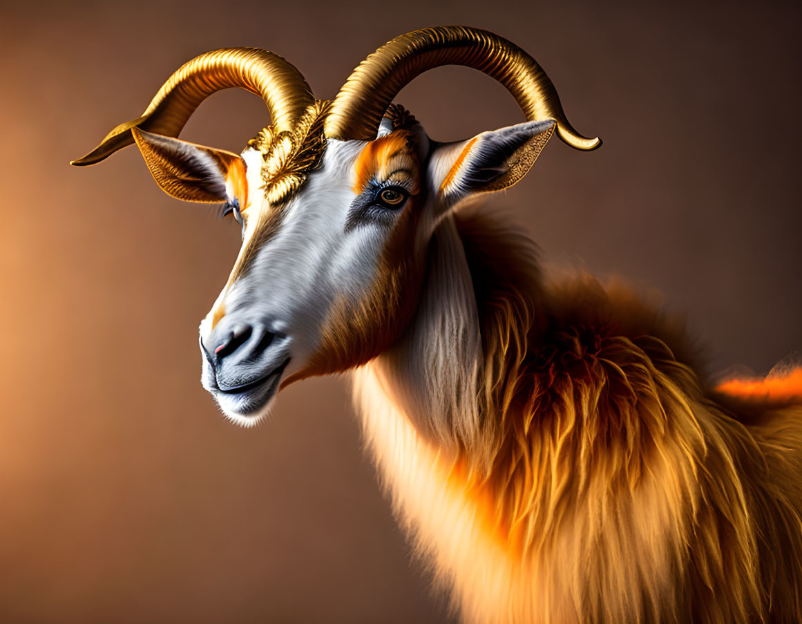 Majestic goat with curved horns and golden-brown coat on warm background