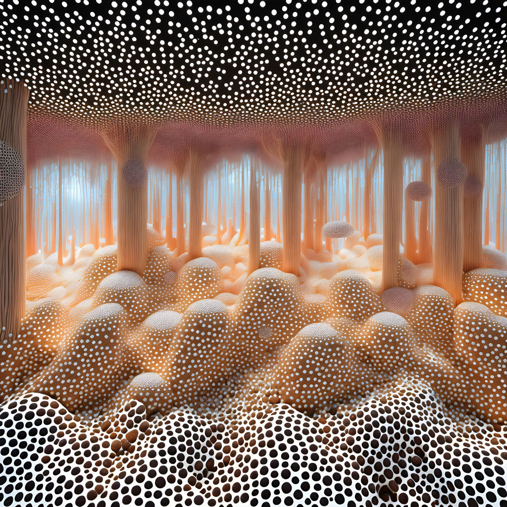 Surreal room with dotted patterns and tree-like structures in orange and white