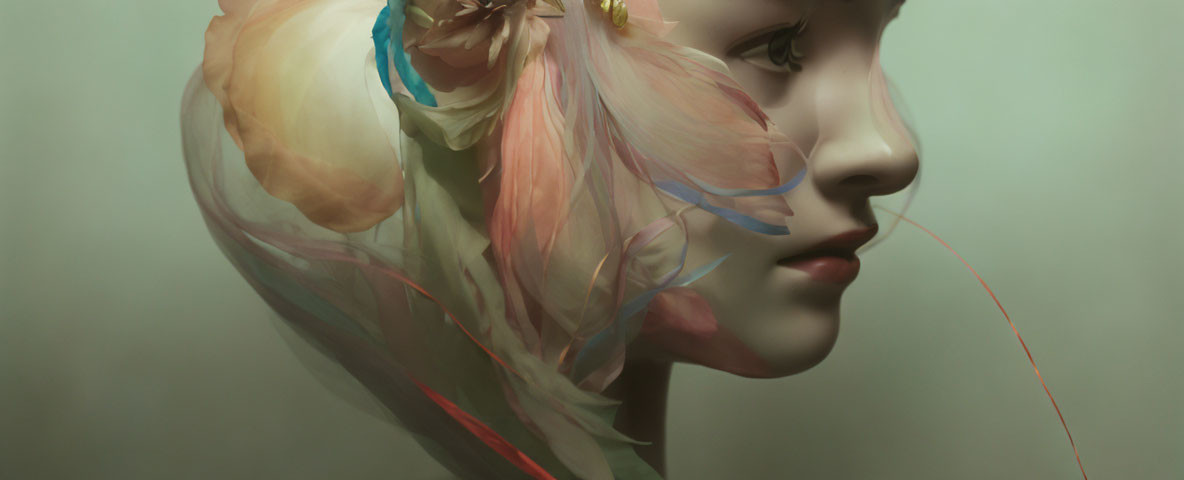 Woman's profile merges with delicate, translucent petals for serene aesthetic