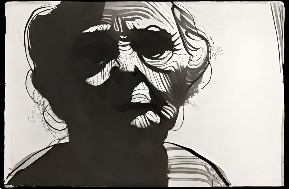 Monochrome portrait of elderly person with expressive lines