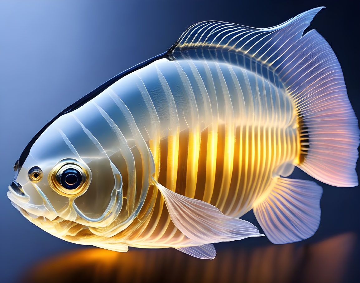 Translucent golden fish illustration on blurred blue background