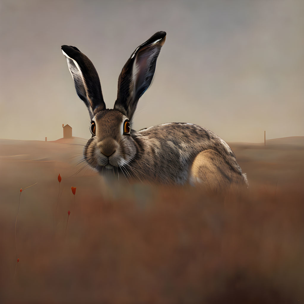 Realistic hare in field with house and fence in soft focus