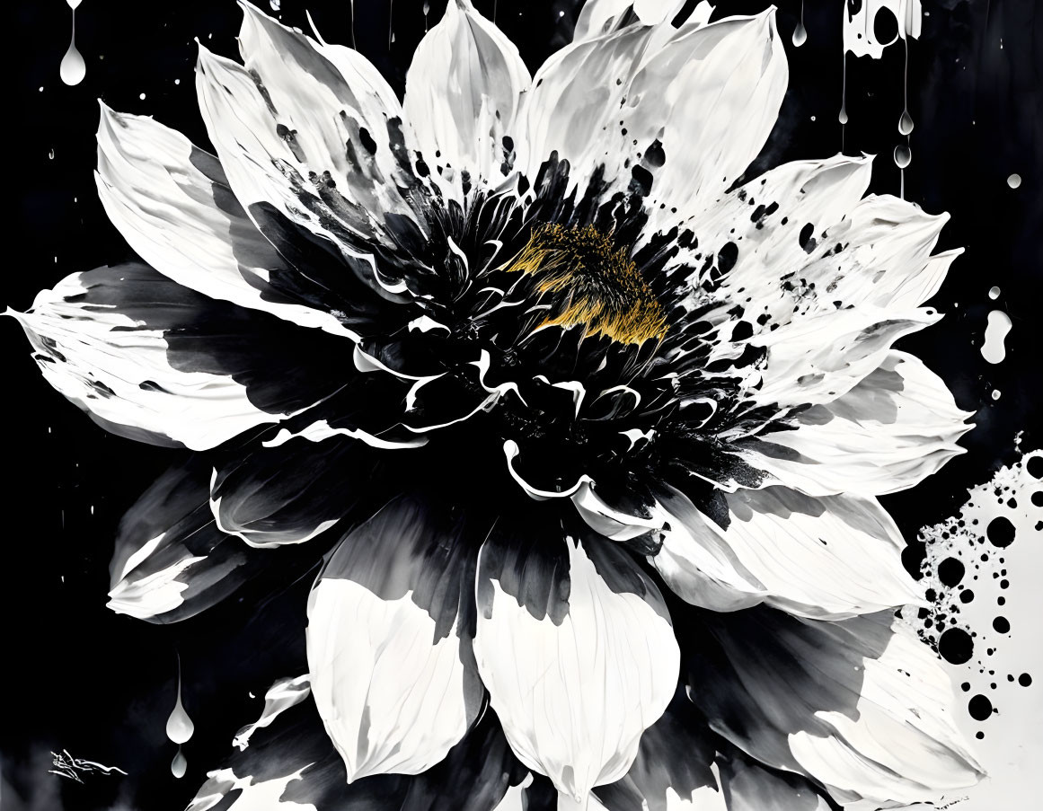 Monochrome flower art with white petals and black center on dark backdrop