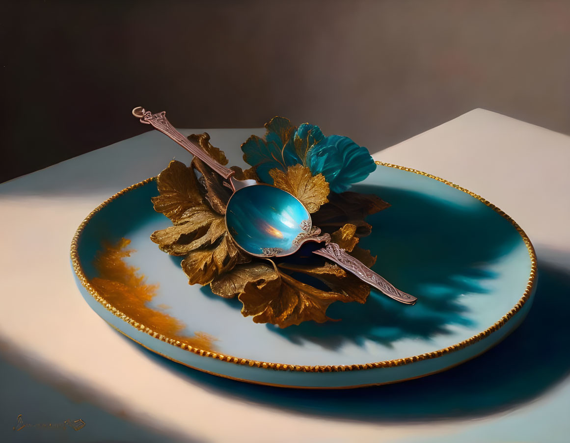 Ornate spoon on turquoise plate with golden leaves and elegant artistry